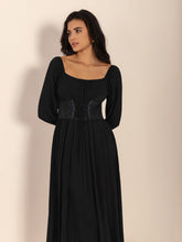 Lace-Up Square Neck Long Sleeve Midi Dress OutfitFlow